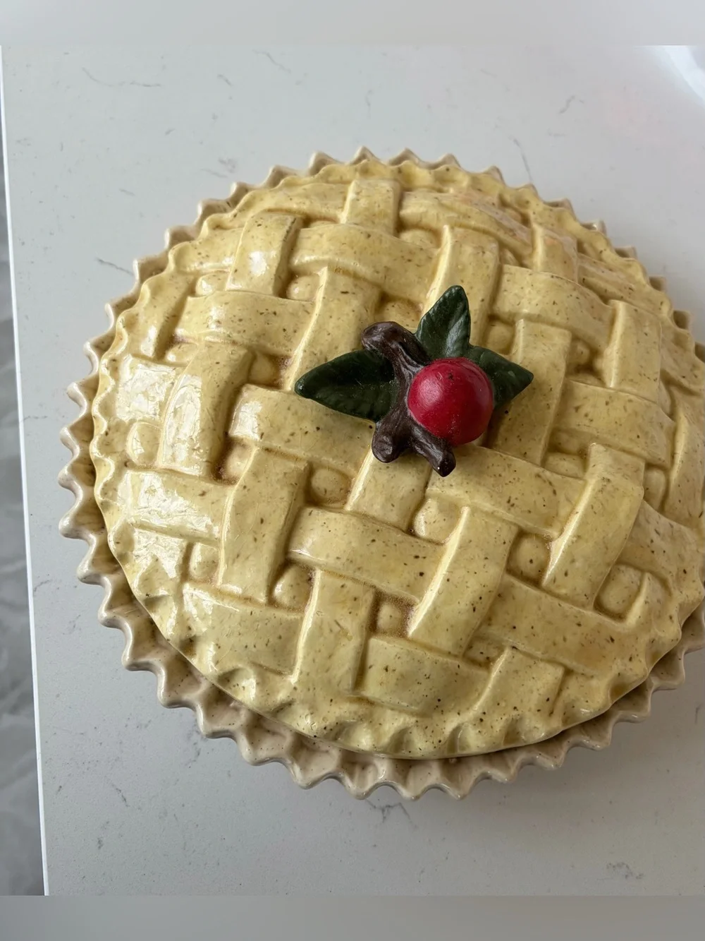 Vintage Ceramic Pie Keeper Lattice Crust Lid Cherry On Top Beautiful!